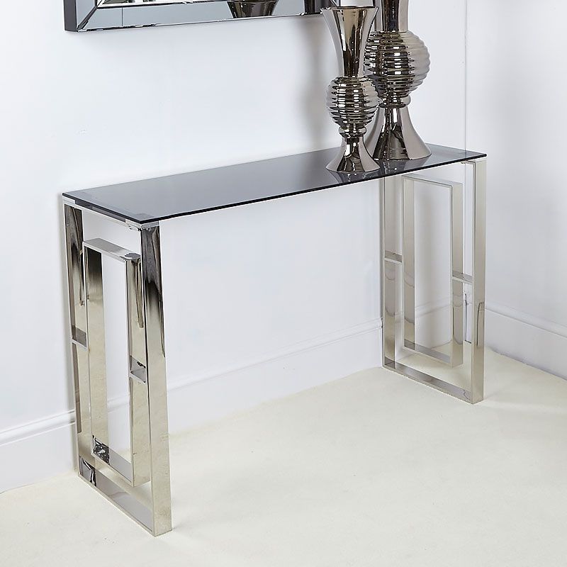 Plaza Contemporary Stainless Steel Smoked Glass Console Pertaining To Brass Smoked Glass Console Tables (View 9 of 20)