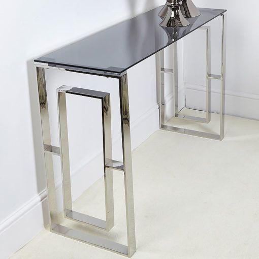 Plaza Contemporary Stainless Steel Smoked Glass Console Pertaining To Glass And Stainless Steel Console Tables (View 13 of 20)