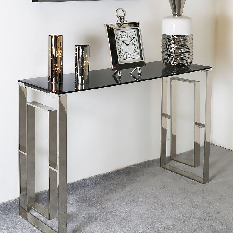 Plaza Contemporary Stainless Steel Smoked Glass Console Throughout Silver Stainless Steel Console Tables (View 11 of 20)