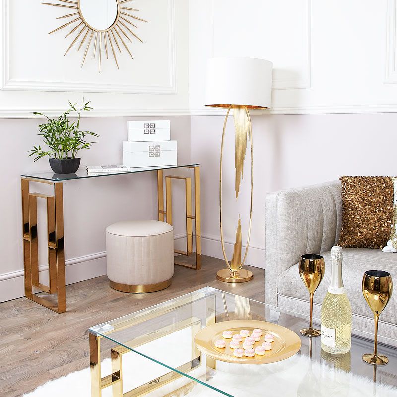 Plaza Gold Contemporary Clear Glass Console Display Table Regarding Geometric Glass Top Gold Console Tables (Photo 17 of 20)