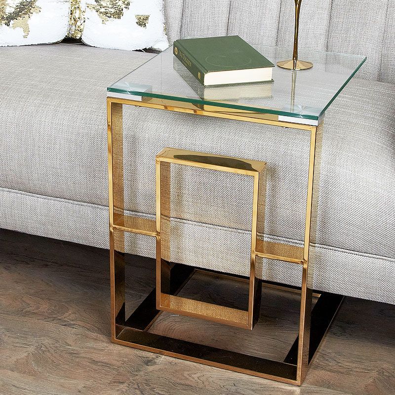 Plaza Gold Contemporary Clear Glass Sofa Table Side End Inside Gold And Clear Acrylic Console Tables (View 12 of 20)
