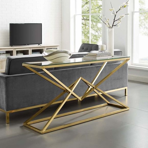 Point 59" Brushed Gold Metal Stainless Steel Console Table Inside Antique Gold Aluminum Console Tables (Photo 17 of 20)