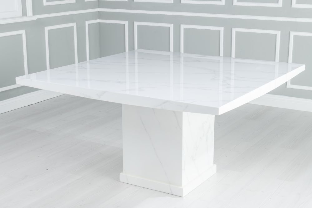 Prague White Marble 140cm Square Dining Table – Furntastic In Marble And White Console Tables (Photo 12 of 20)