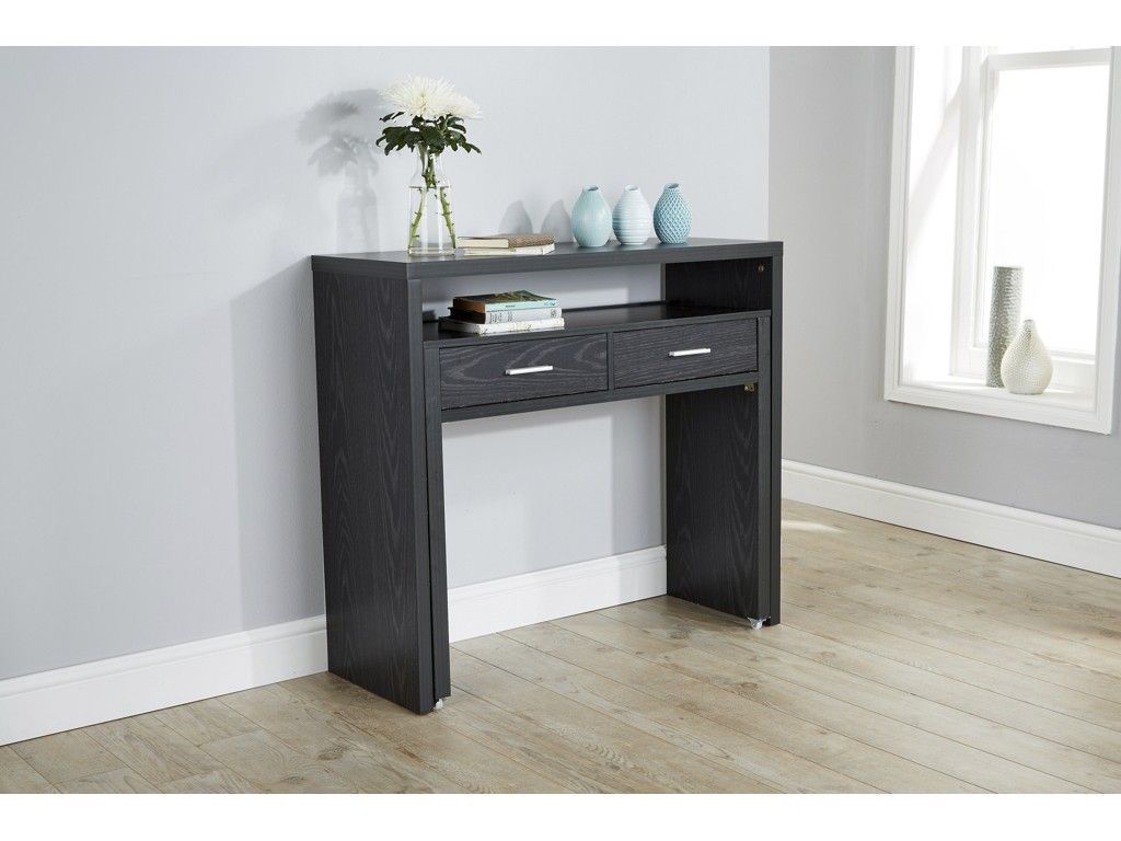 Regis Black Extending Modern Console Table Desk With Wheels Inside 2 Piece Modern Nesting Console Tables (Photo 4 of 20)