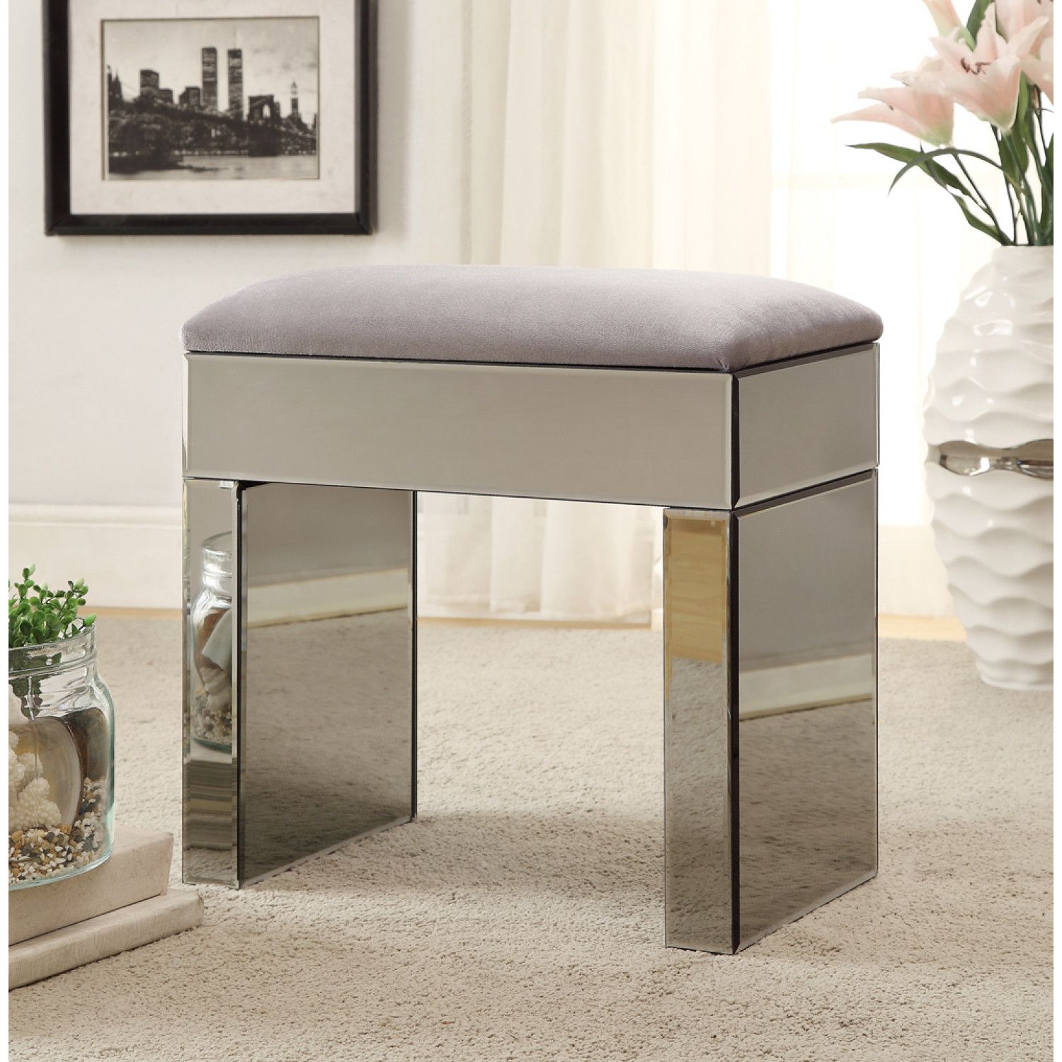 Rio Smoke Mirror Mirrored Stool For Dressing Table Or In Smoke Gray Wood Console Tables (View 15 of 20)