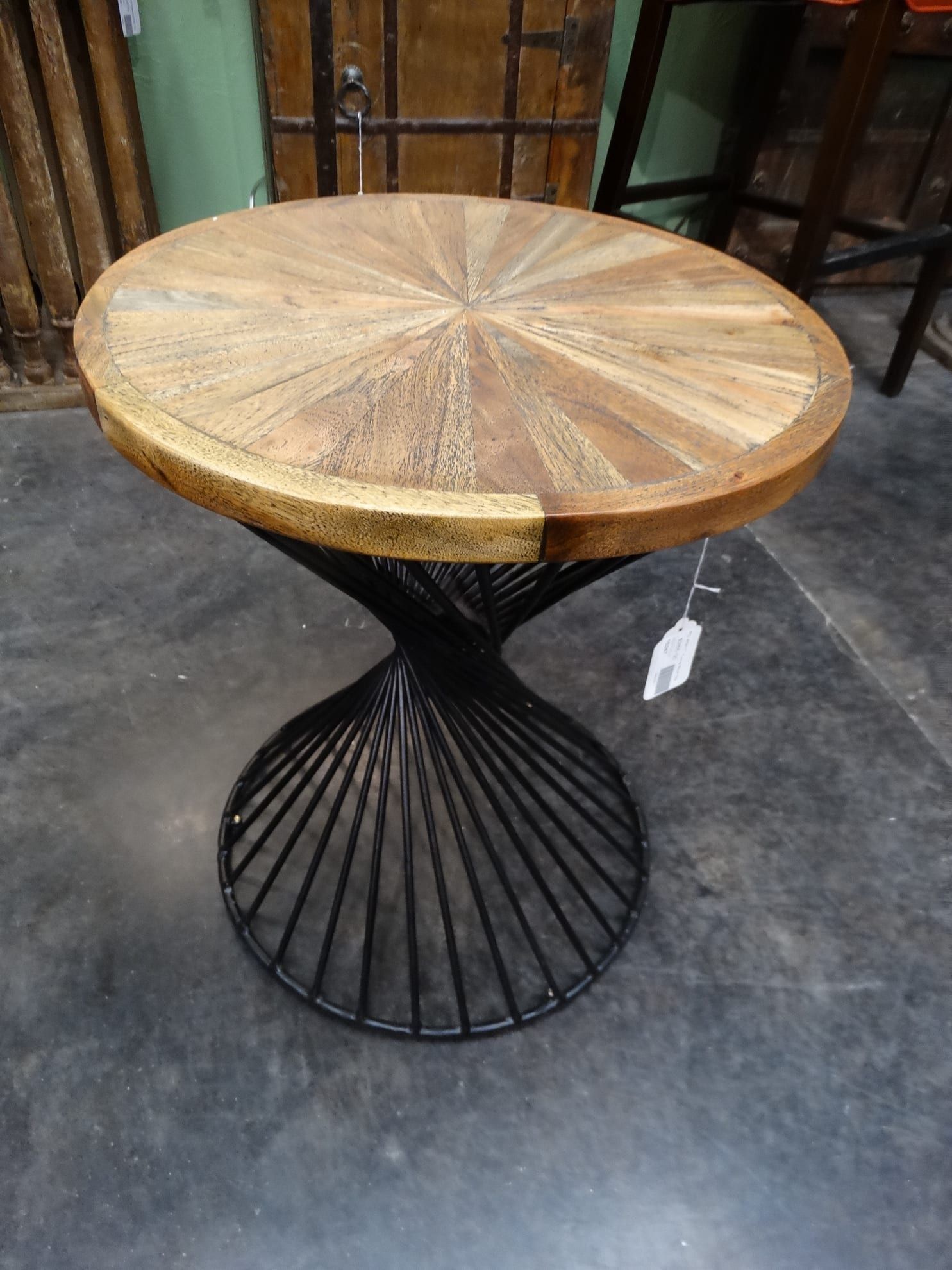 Round Wood And Metal End Table Has A Rustic Industrial Vibe. Throughout Antique Brass Aluminum Round Console Tables (Photo 11 of 20)