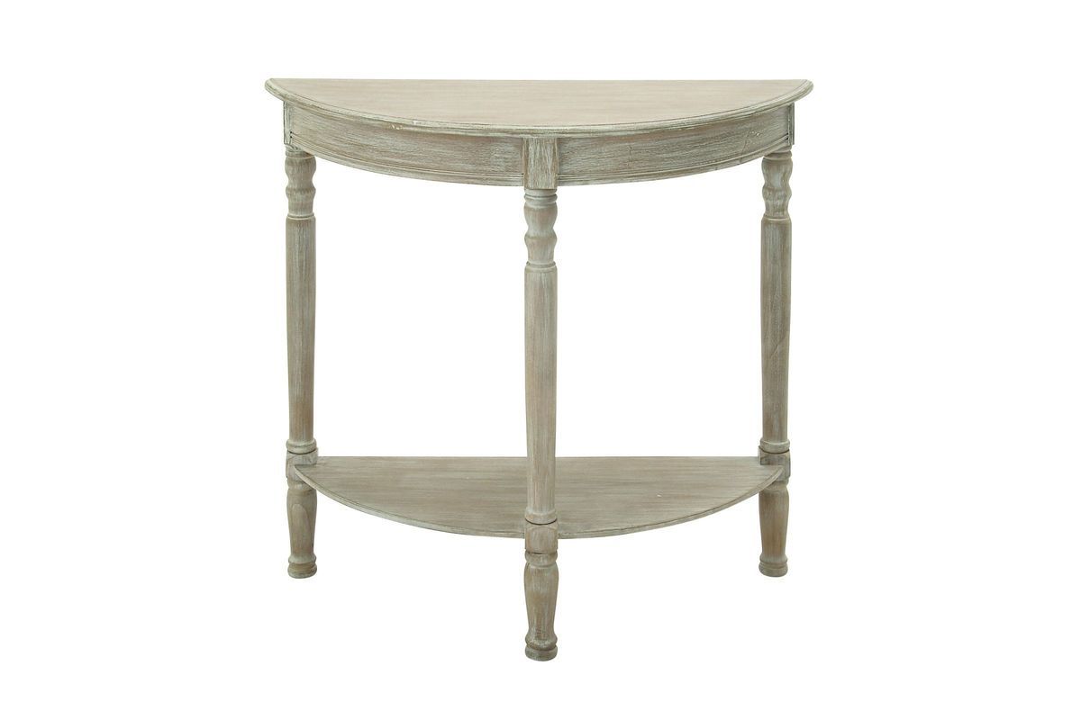 Rustic Country Half Round Console Table In Whitewash Taupe With Round Console Tables (Photo 10 of 20)