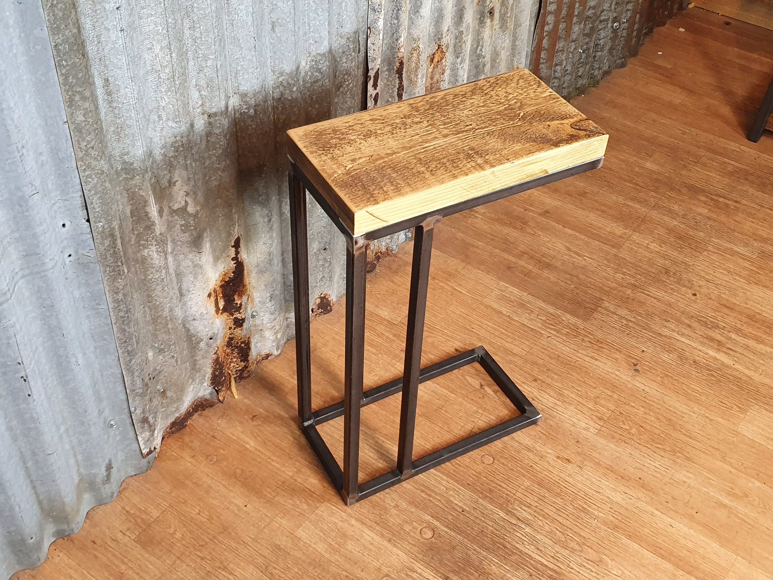 Rustic Industrial Sofa Side Table, Wooden C Shaped Lap Inside Rustic Barnside Console Tables (View 5 of 20)