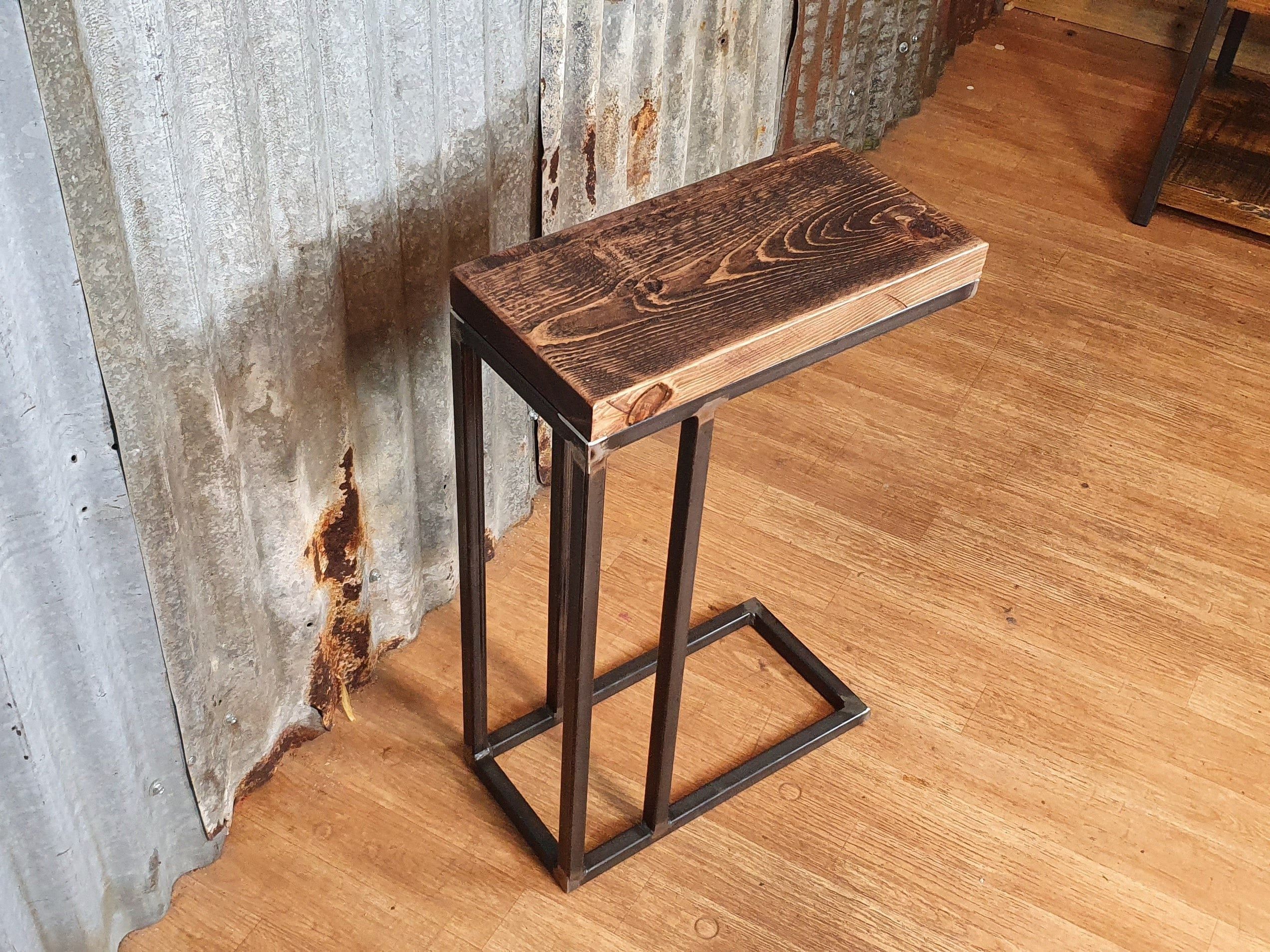 Rustic Industrial Sofa Side Table, Wooden C Shaped Lap Intended For Barnside Round Console Tables (Photo 6 of 20)