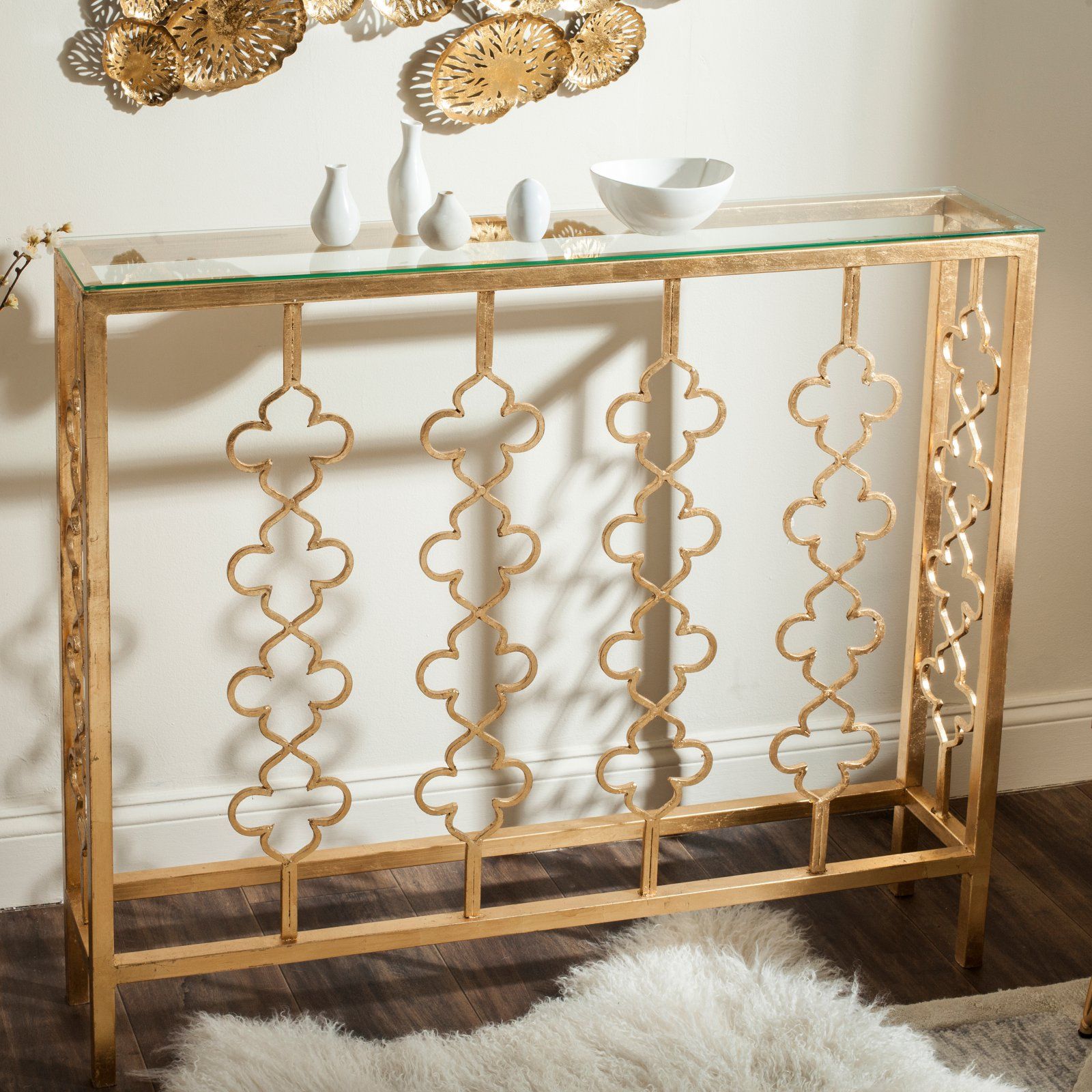 Safavieh Carolina Console Table, Antique Gold Leaf Throughout Vintage Coal Console Tables (Photo 20 of 20)