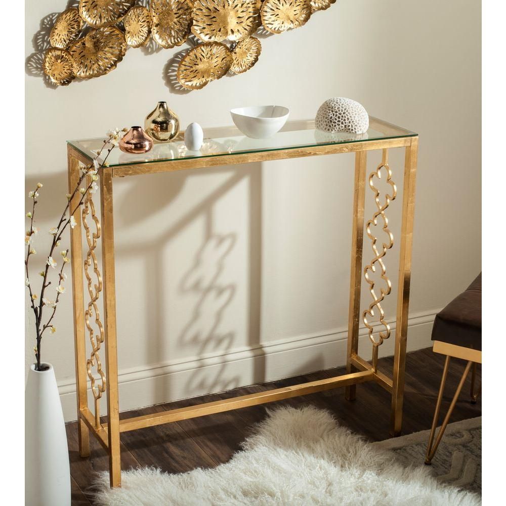 Safavieh Jovanna Antique Gold Leaf Glass Top Console Table Intended For Antiqued Gold Rectangular Console Tables (View 19 of 20)