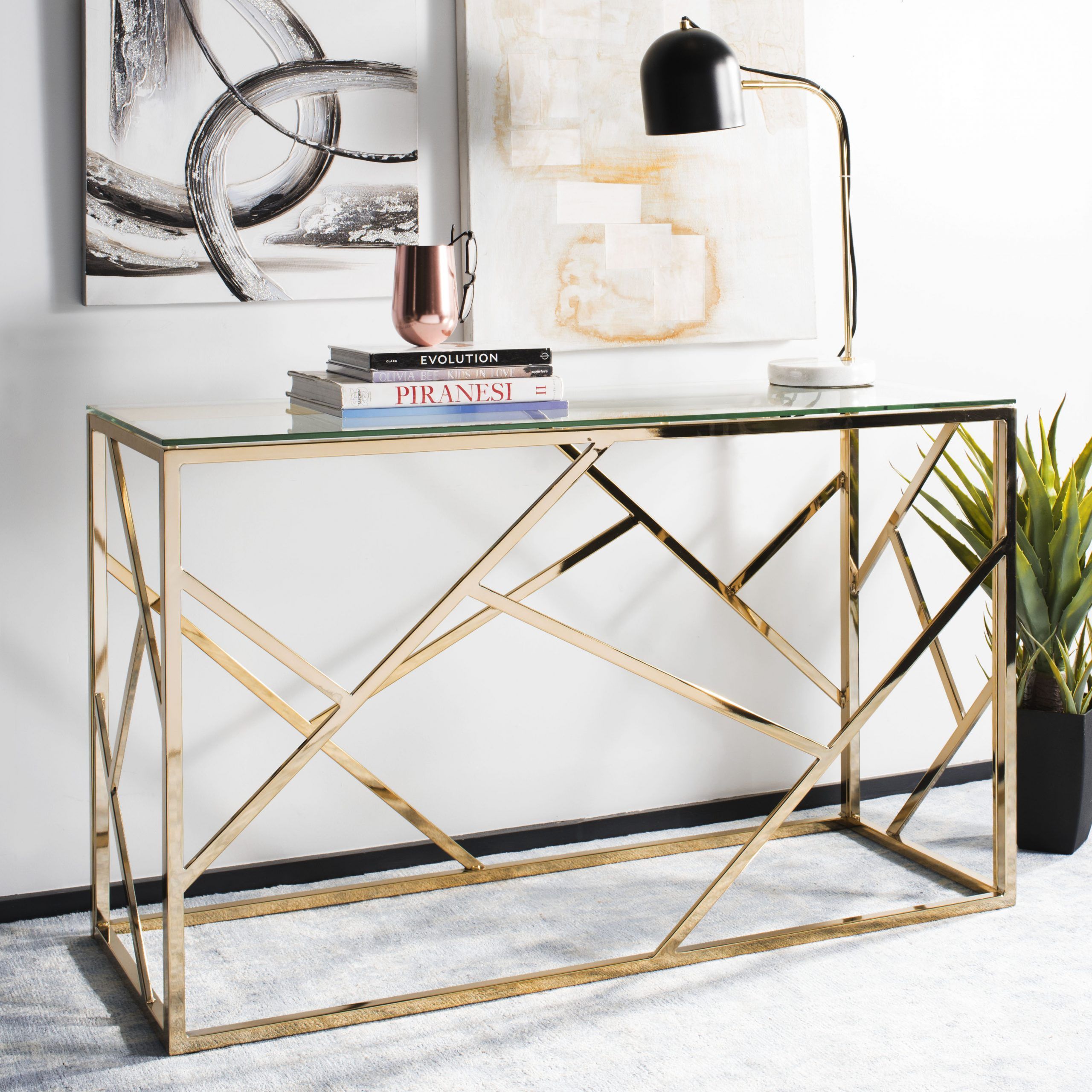 Safavieh Namiko Modern Glam Console Table, Brass/glass Top Inside Glass Console Tables (View 7 of 20)