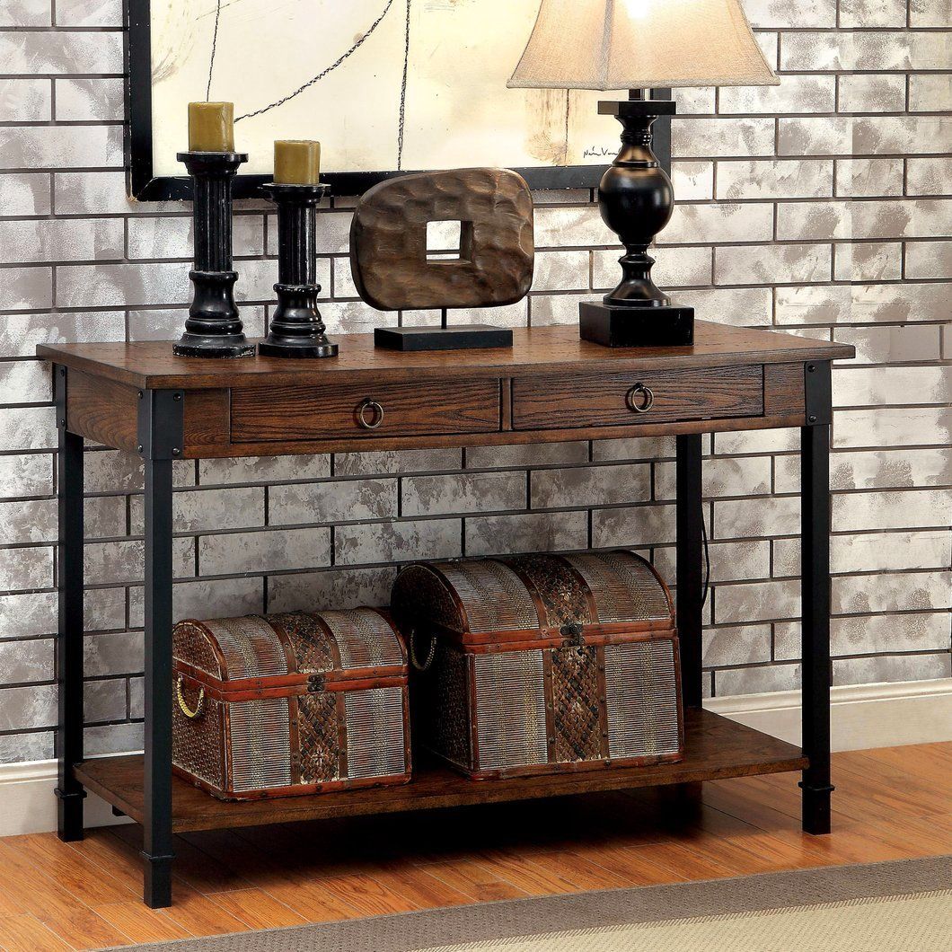 Seth Rustic 2 Drawer Wood Sofa Table With Black Metal Accents Throughout Metal Console Tables (Photo 11 of 20)