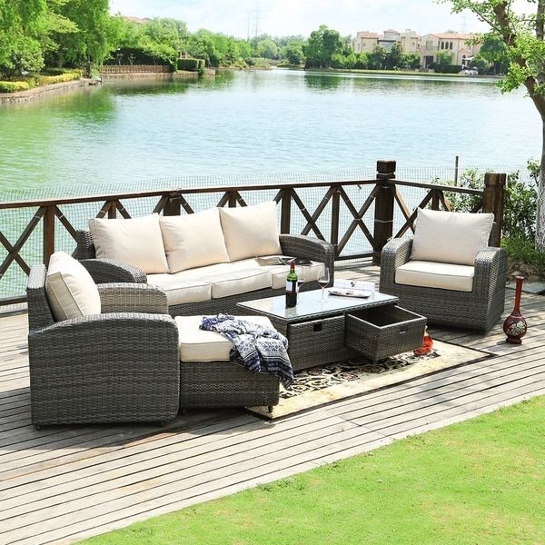 Shop 5 Piece Outdoor Wicker Sofa Set With Drawer Tea Table With 5 Piece Console Tables (Photo 18 of 20)