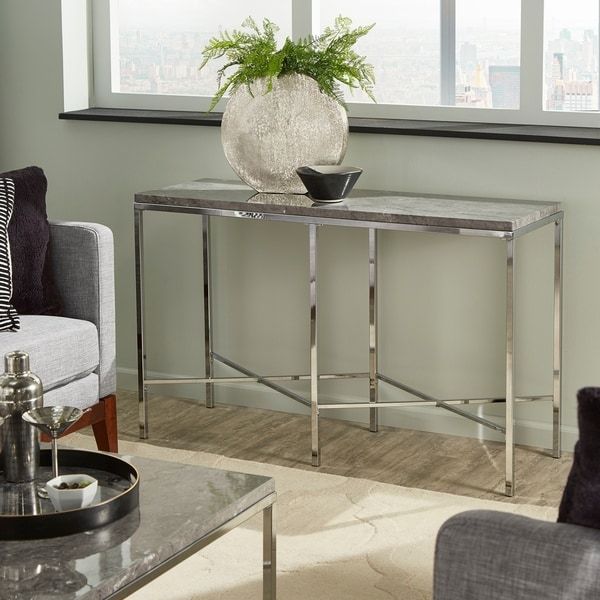 Shop Gabriele Chrome Finish Sofa Table With Grey Faux Intended For Faux Marble Console Tables (View 19 of 20)