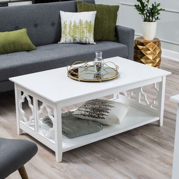 Shop White Quatrefoil Coffee Table With Solid Birch Wood Within Espresso Wood And Glass Top Console Tables (View 8 of 20)