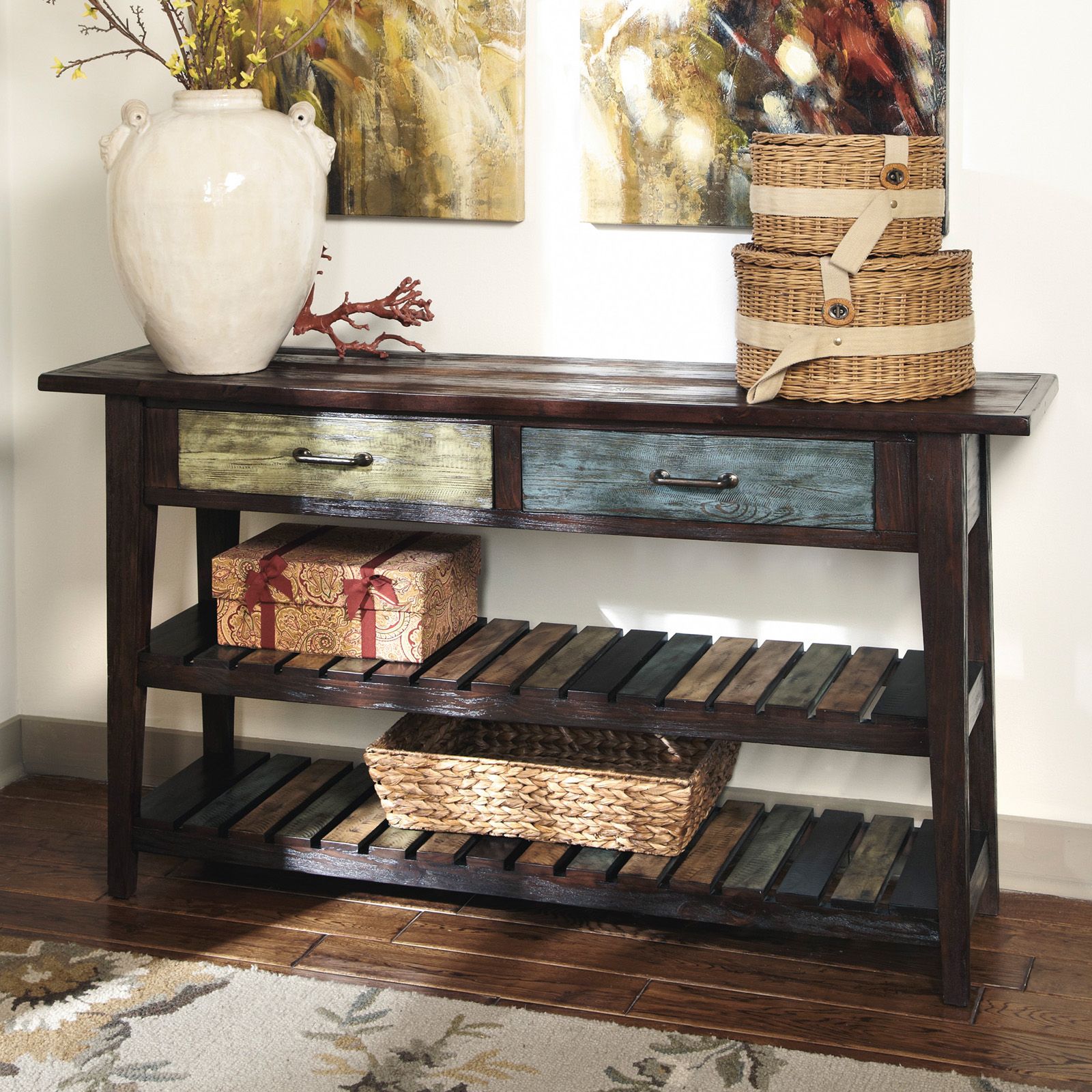 Signature Designashley Mestler Rectangular Brown Sofa Inside Brown Wood Console Tables (View 4 of 20)