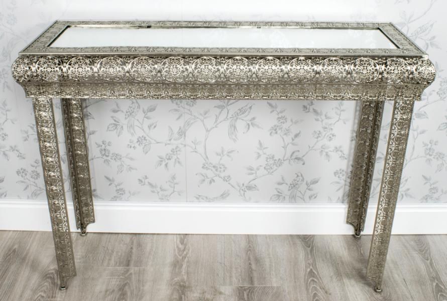 Silver Moroccan Embossed Metal Glass Console Side Hall Inside Antique Silver Aluminum Console Tables (View 7 of 20)