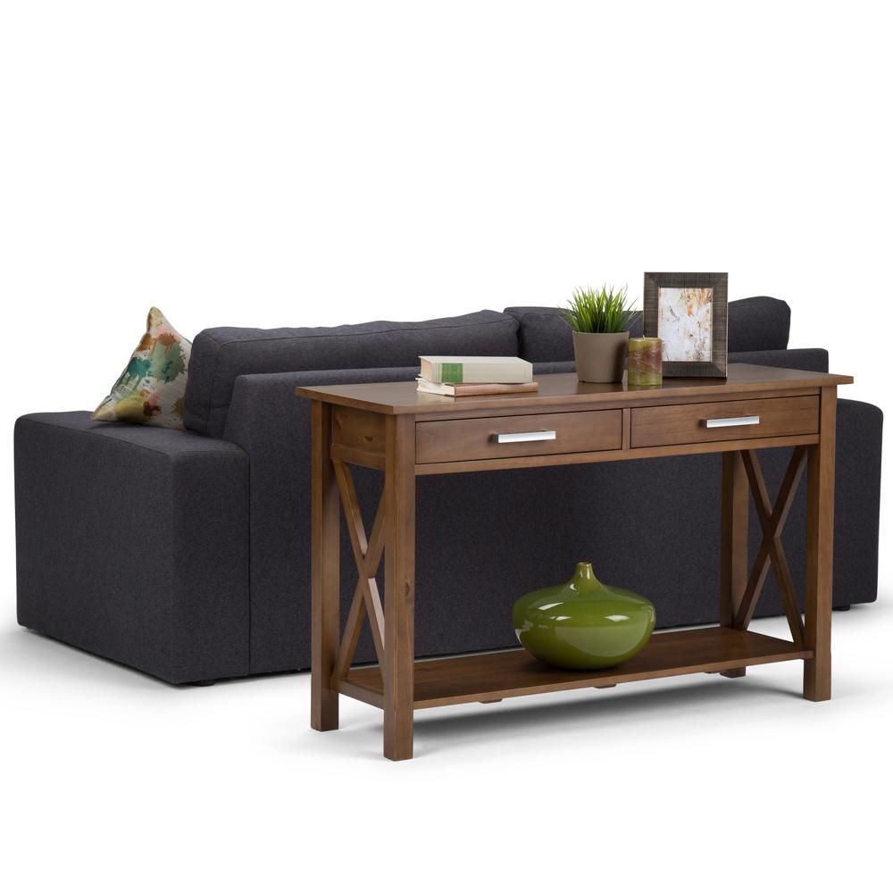 Simpli Home Kitchener Medium Saddle Brown Storage Console Pertaining To Open Storage Console Tables (Photo 16 of 20)