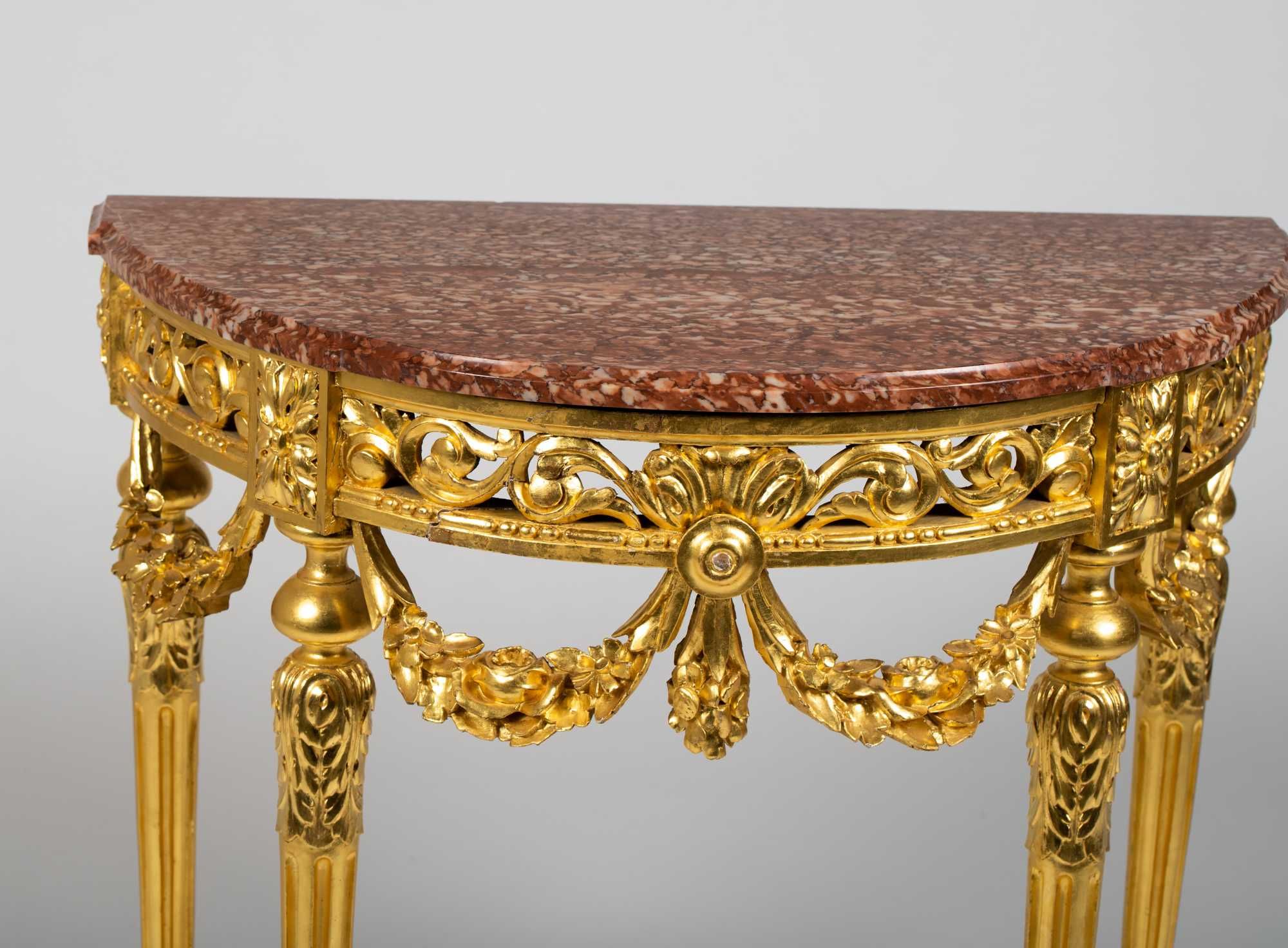 Small French Marble Top Gilded And Carved Console Table Pertaining To Marble Top Console Tables (View 3 of 20)