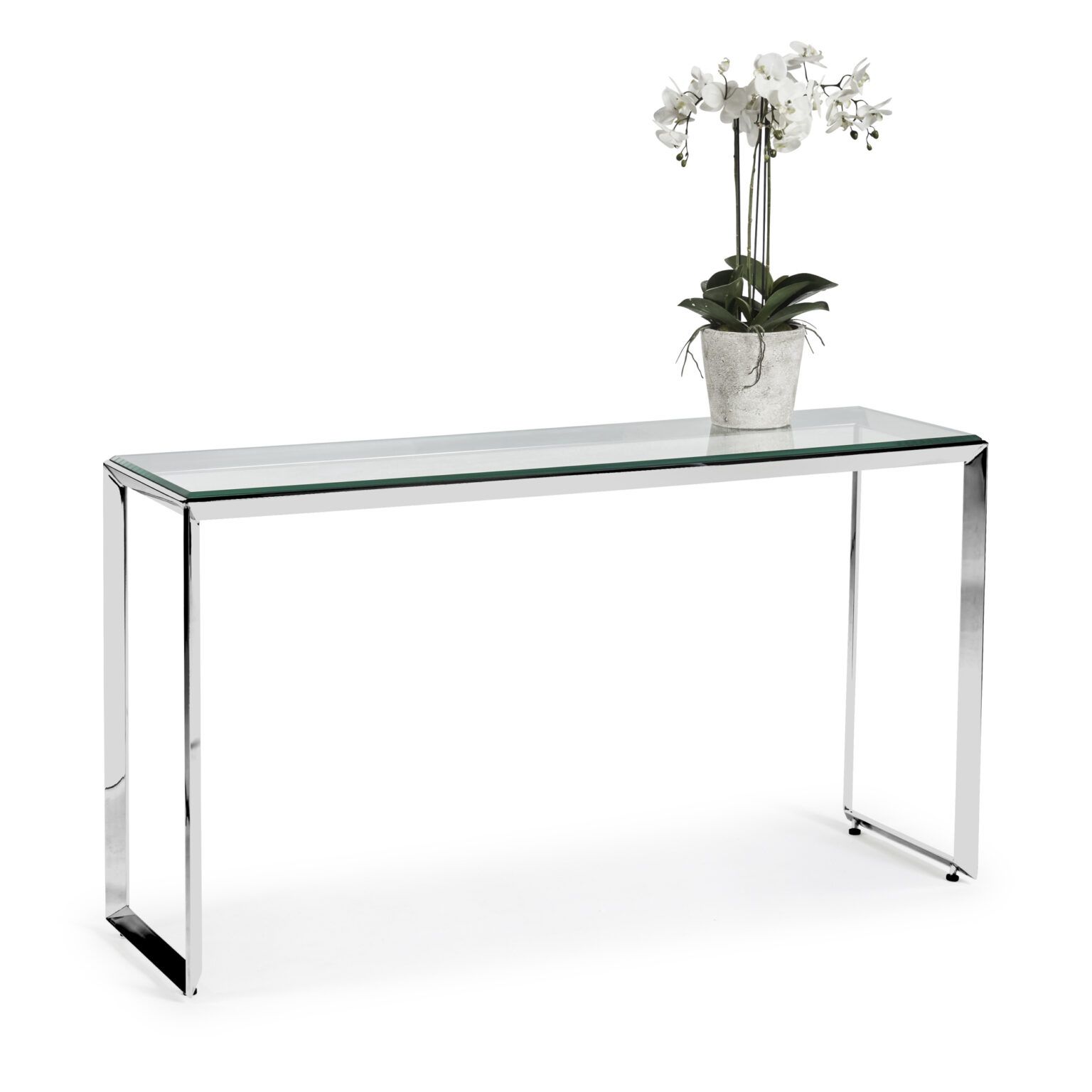 Small Glass Console Table With Polished Stainless Steel Regarding Glass And Stainless Steel Console Tables (View 7 of 20)