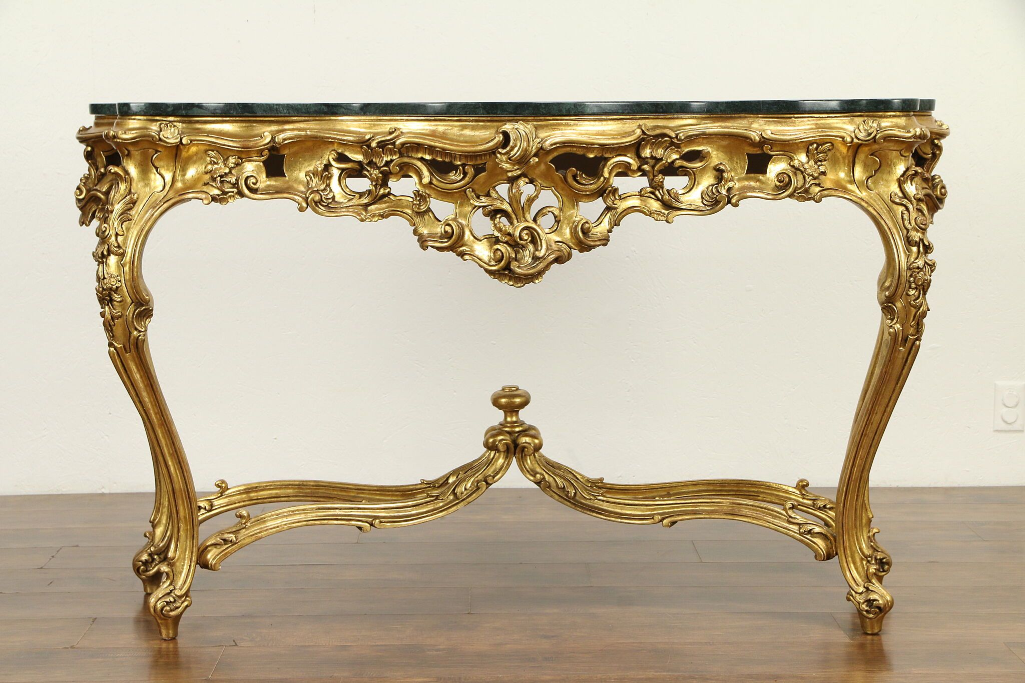 Sold – Italian Vintage Baroque Carved Gold Leaf Console Throughout Antiqued Gold Leaf Console Tables (Photo 5 of 20)