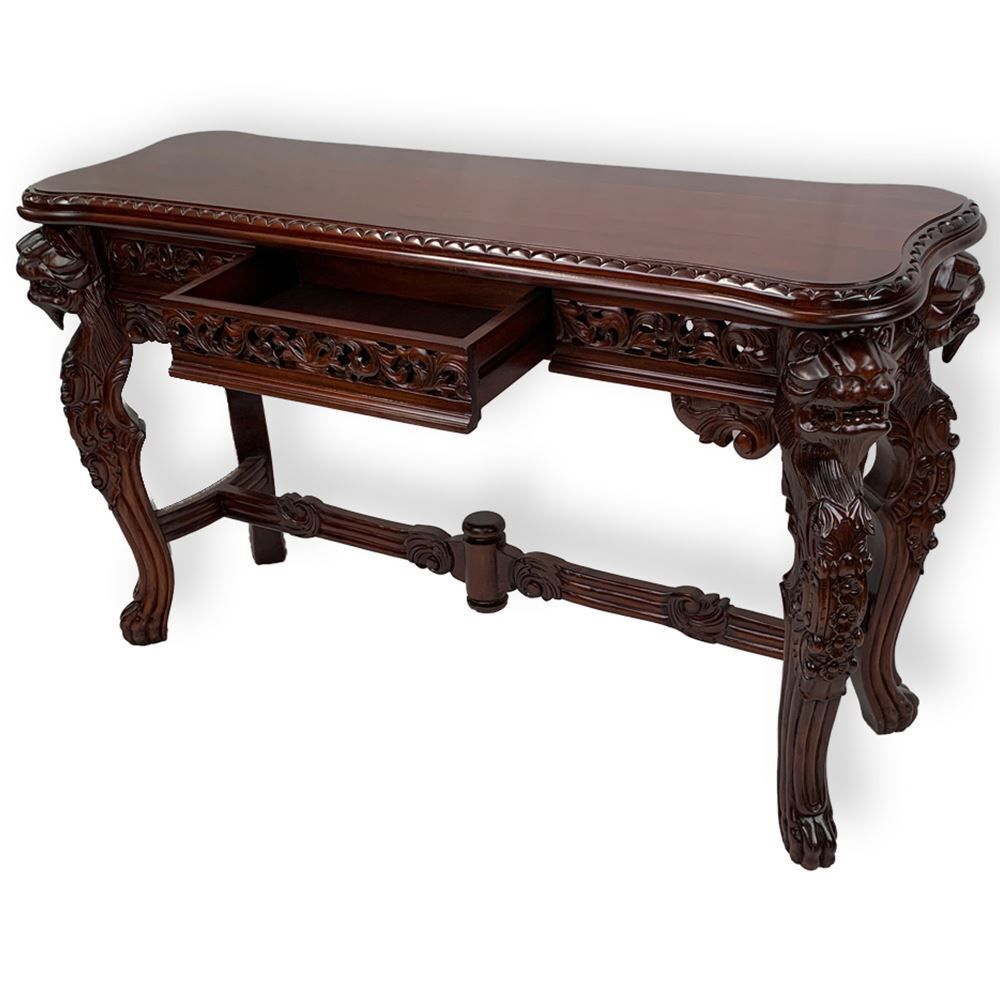 Solid Mahogany Wood Hand Carved Lion Hall/console Table Pertaining To Antique Blue Wood And Gold Console Tables (Photo 7 of 20)
