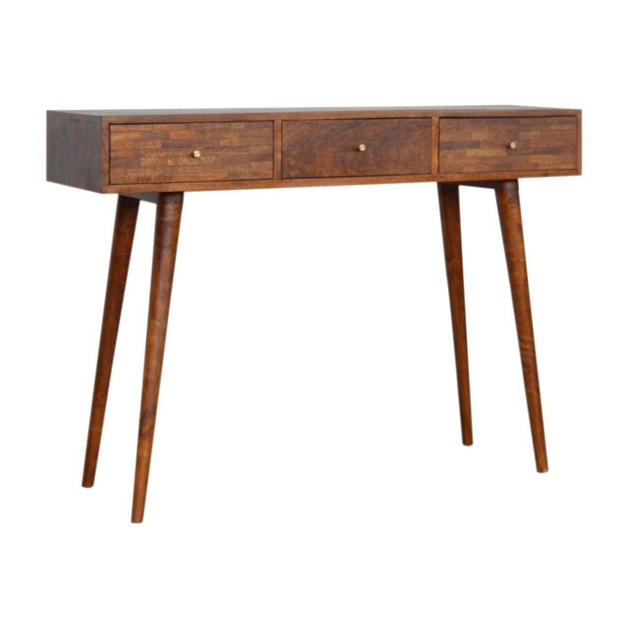 Solid Mango Wood Varied Chestnut Finished 3 Drawer Console Throughout Natural Mango Wood Console Tables (View 6 of 20)