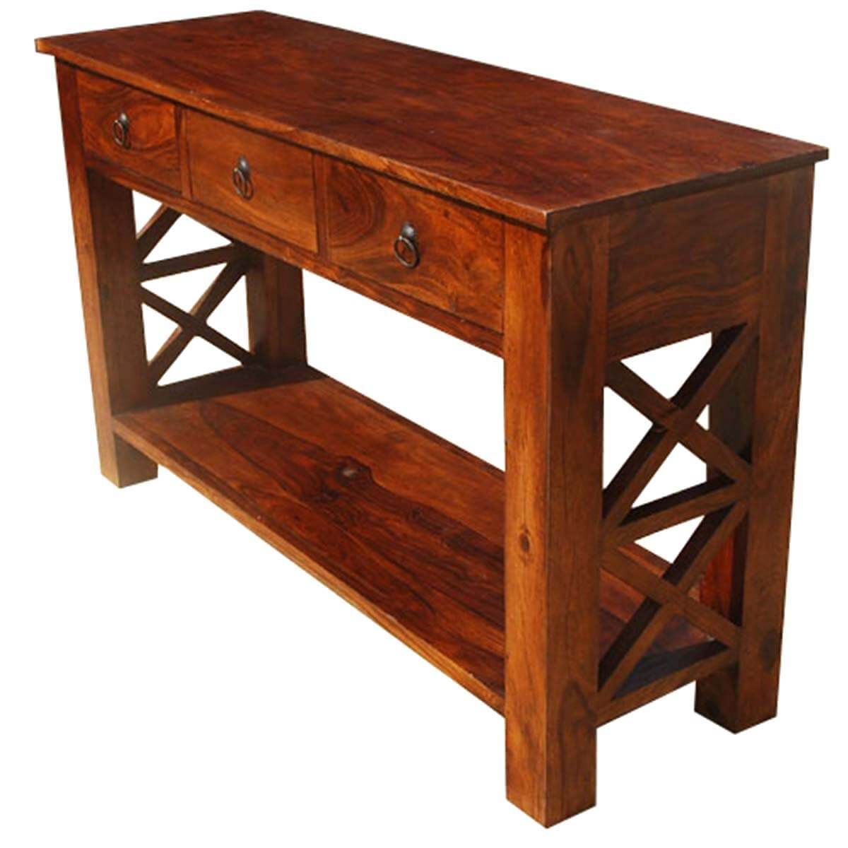 Solid Wood Oklahoma Farmhouse Console Table W 3 Storage Intended For Black Wood Storage Console Tables (View 14 of 20)