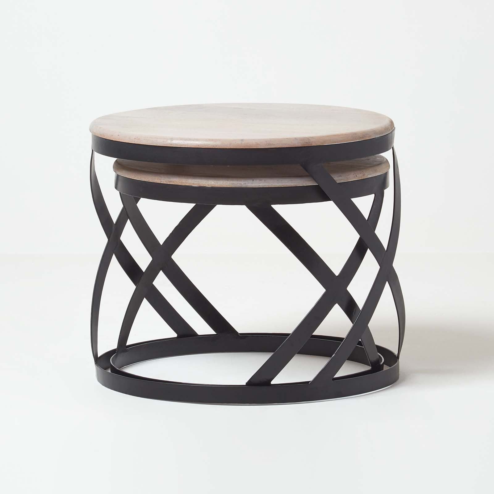 Solid Wood Round Barrel Nesting Tables With Steel Legs Inside Metal Legs And Oak Top Round Console Tables (Photo 14 of 20)
