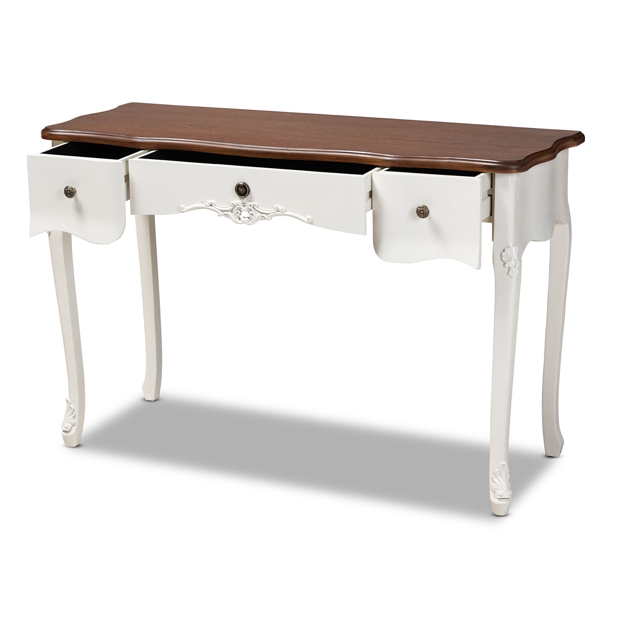 Sophie Classic French Country White & Brown Finished 3 Intended For Smoke Gray Wood Square Console Tables (View 9 of 20)