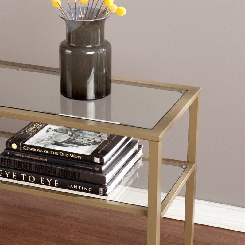 Southern Enterprises Metal Glass Console Table In Matte With Geometric Glass Top Gold Console Tables (Photo 18 of 20)