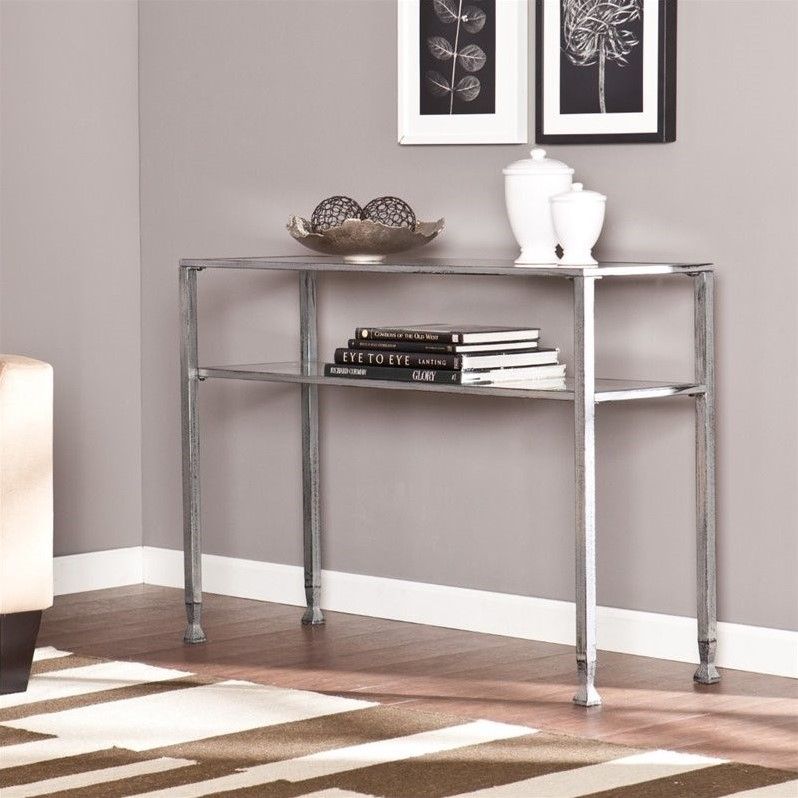 Southern Enterprises Metal Glass Console Table In Silver Regarding Glass And Pewter Console Tables (Photo 17 of 20)
