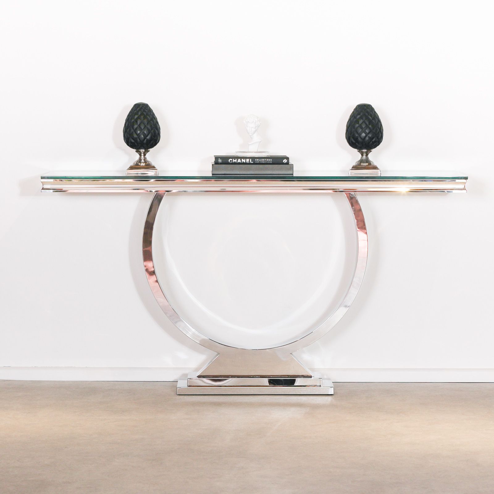 Steel And Black Glass Console Table Furniture – La Maison Throughout Black Round Glass Top Console Tables (View 17 of 20)