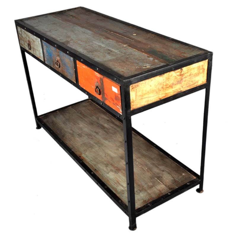 Stoneford Reclaimed Wood 3 Drawer Industrial Hall Console Regarding Barnwood Console Tables (View 10 of 20)
