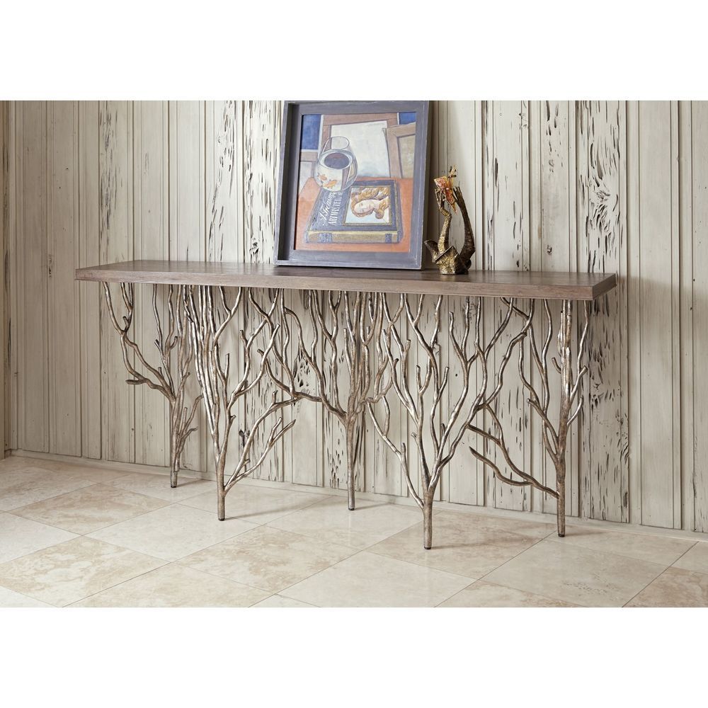 Stunning Contemporary Forest Silver Metal Wood Top Console Inside Metallic Silver Console Tables (Photo 19 of 20)