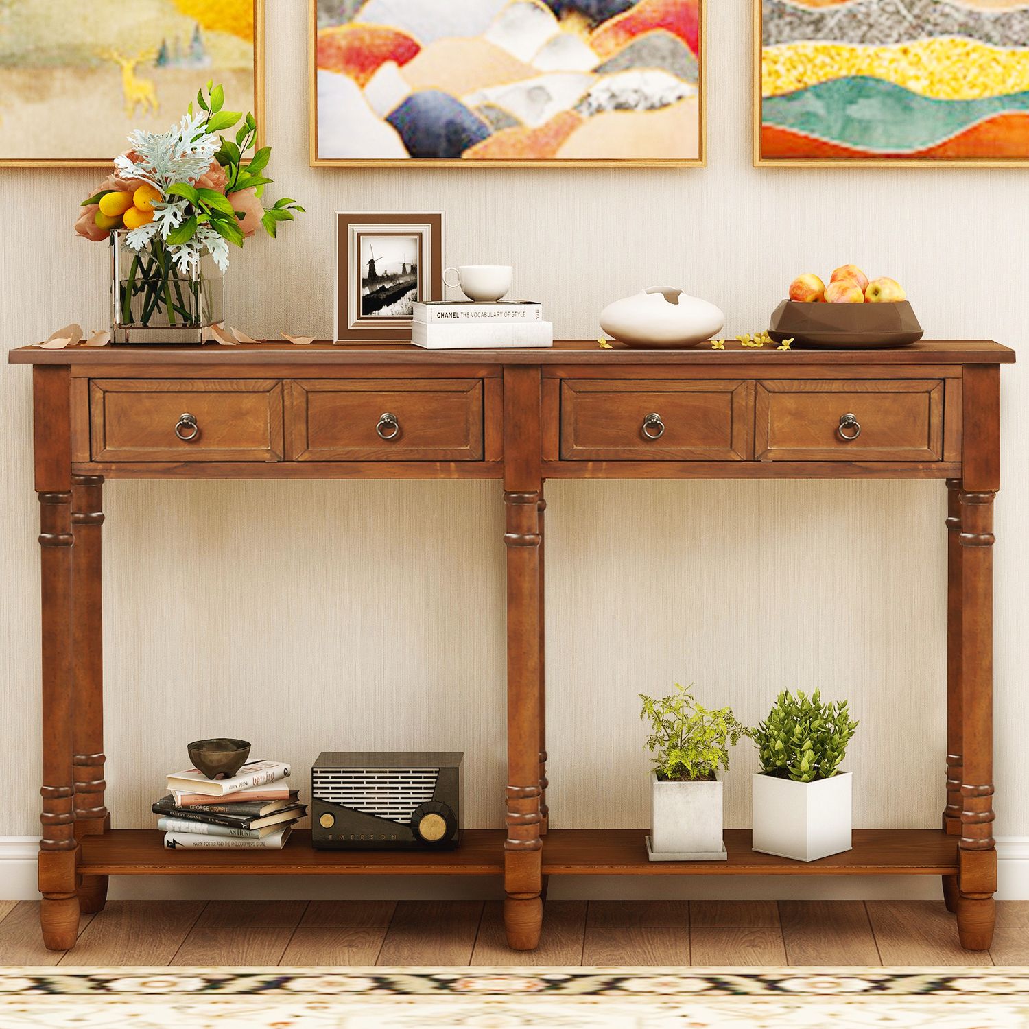 Tall Console Table With 2 Big Storage Drawers, 58'' Wood Regarding Antique Console Tables (View 14 of 20)