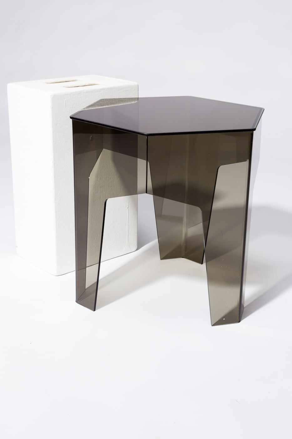 Tb191 Smoke Hexagon Acrylic Side Table Prop Rental | Acme Regarding Smoke Gray Wood Square Console Tables (View 20 of 20)