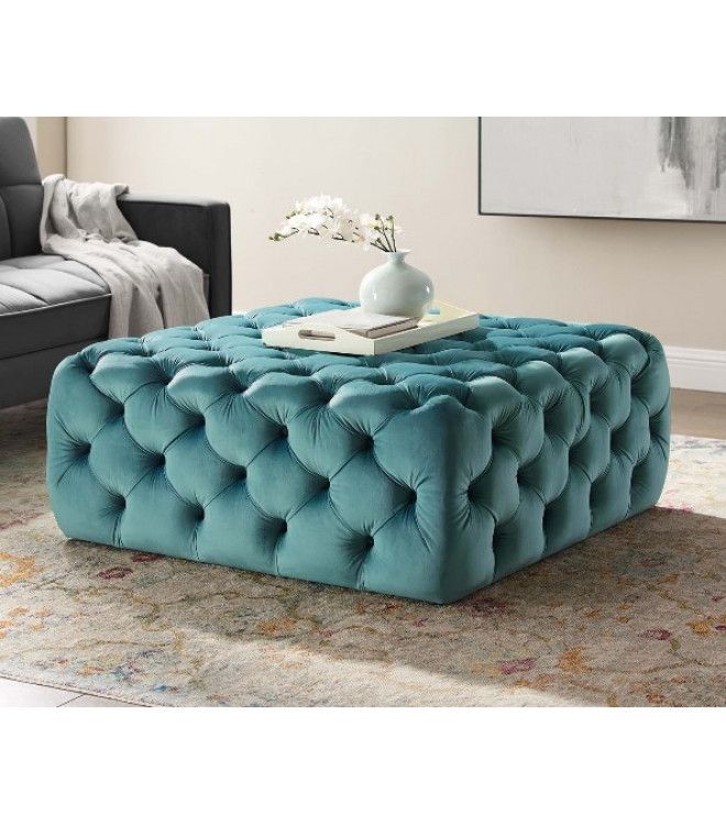 Teal Green Velvet Totally Tufted Square Ottoman Coffee Table With Tufted Ottoman Console Tables (Photo 13 of 20)