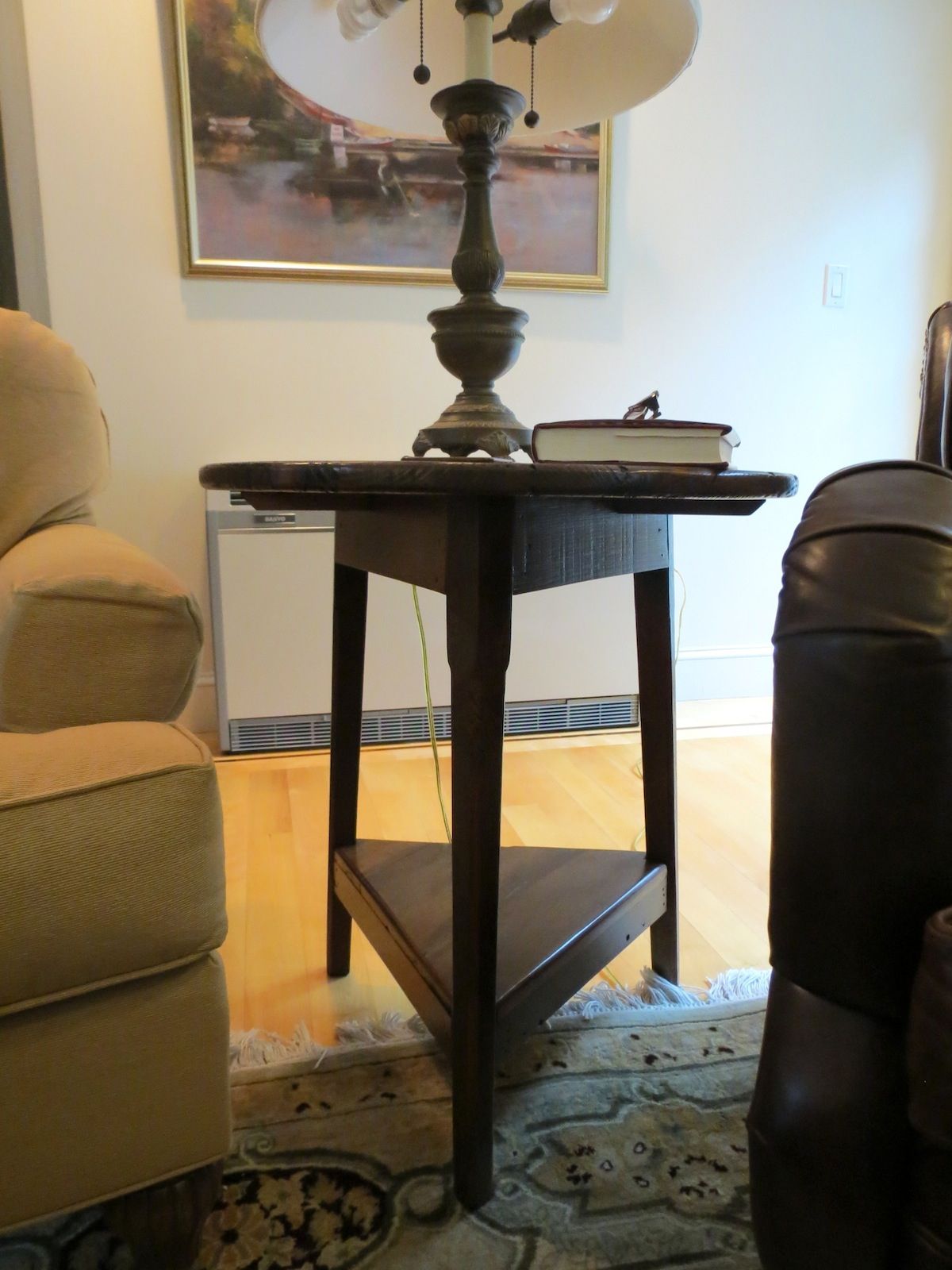 Three Legged Cricket Table In Brown Cherry Finish Pertaining To Pecan Brown Triangular Console Tables (Photo 18 of 20)