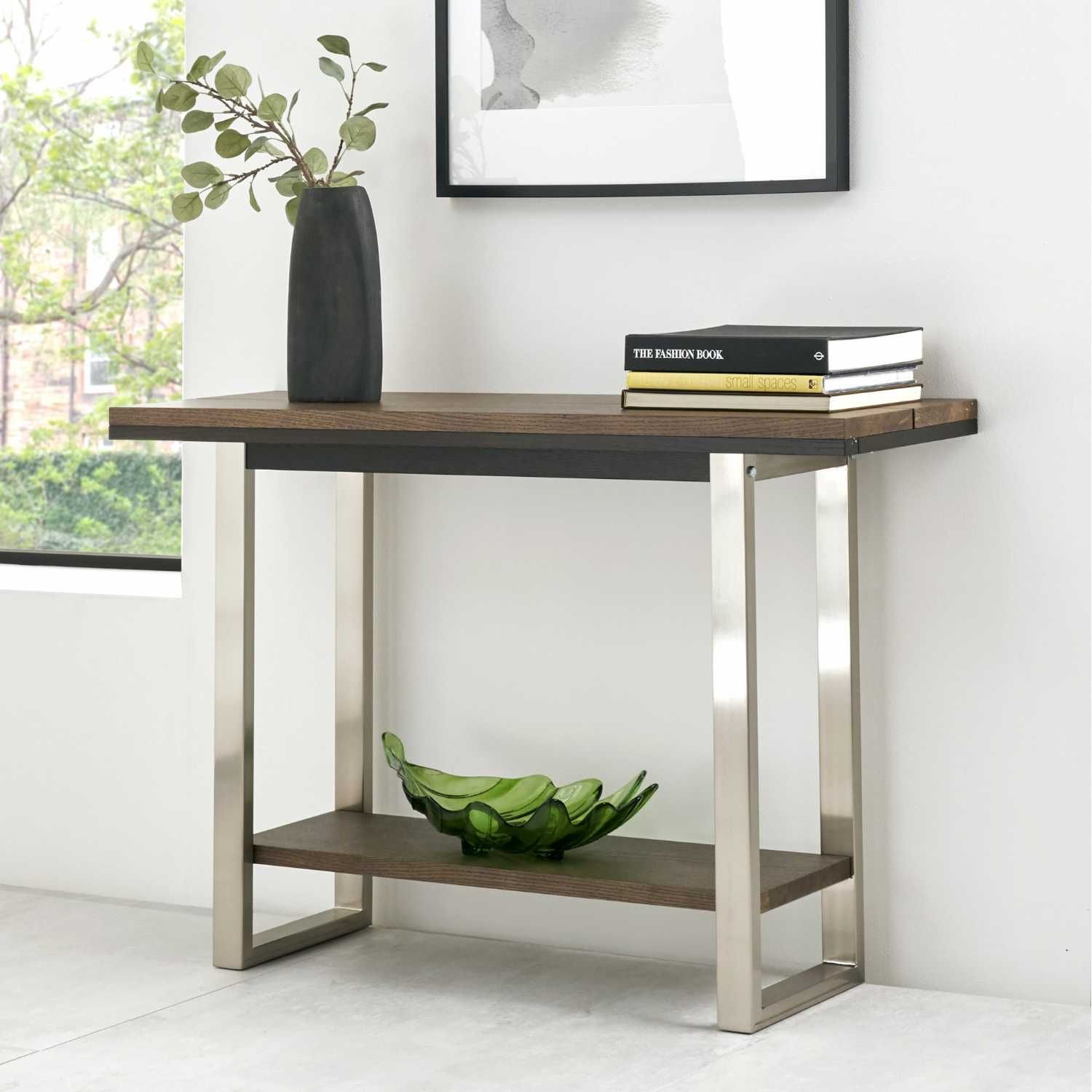 Tivoli Dark Oiled Oak Brushed Nickel Metal Framed Console Inside Metal And Mission Oak Console Tables (View 13 of 20)