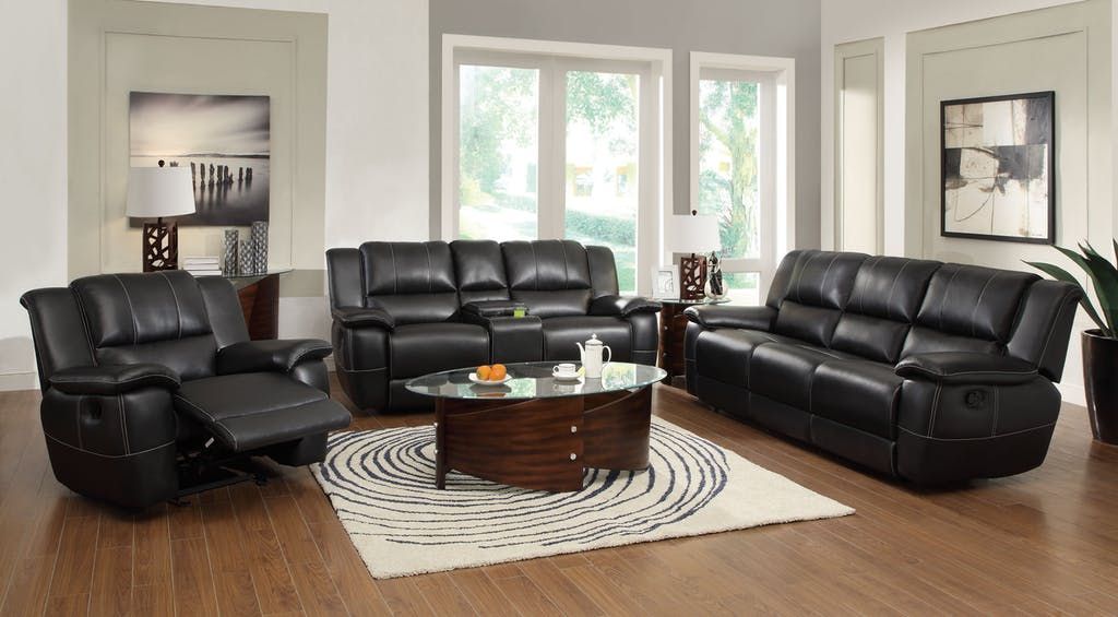 Transitional 3 Piece Leather Reclining Sofa Set In Black Regarding 3 Piece Console Tables (View 2 of 20)