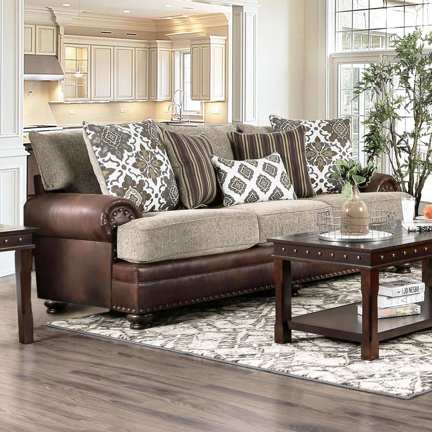 Transitional Two Tone Beige & Brown Sofa Set W/ Rolled Within Ecru And Otter Console Tables (Photo 9 of 20)