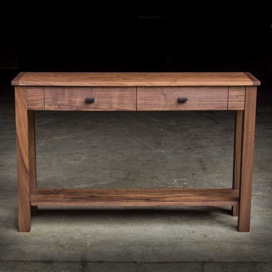 Two Drawer Console Table In Solid Walnut With Modern Metal Within Walnut Wood And Gold Metal Console Tables (View 17 of 20)