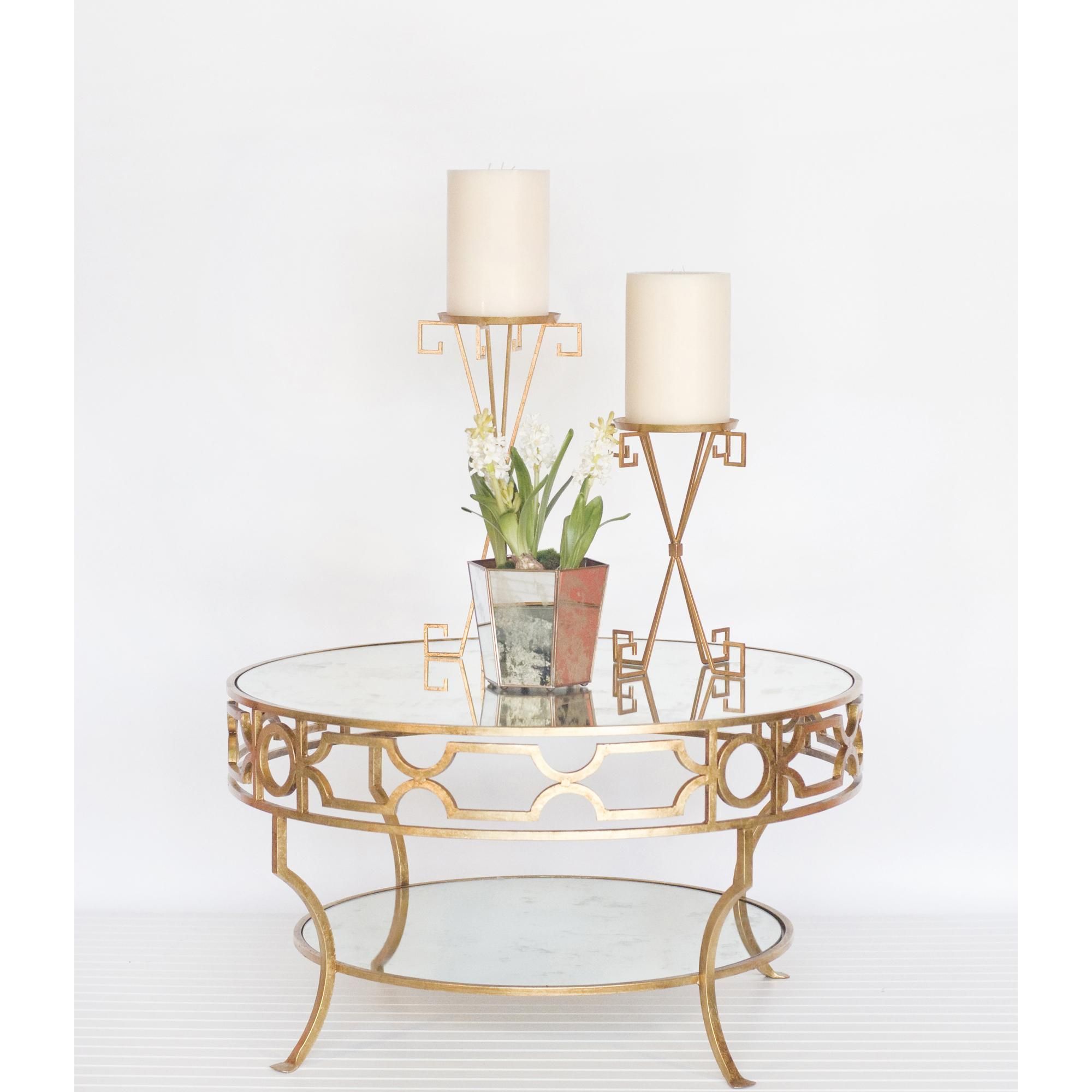 Two Tier Gold Leaf Coffee Table With Antique Mirror Regarding Antiqued Gold Leaf Console Tables (Photo 16 of 20)