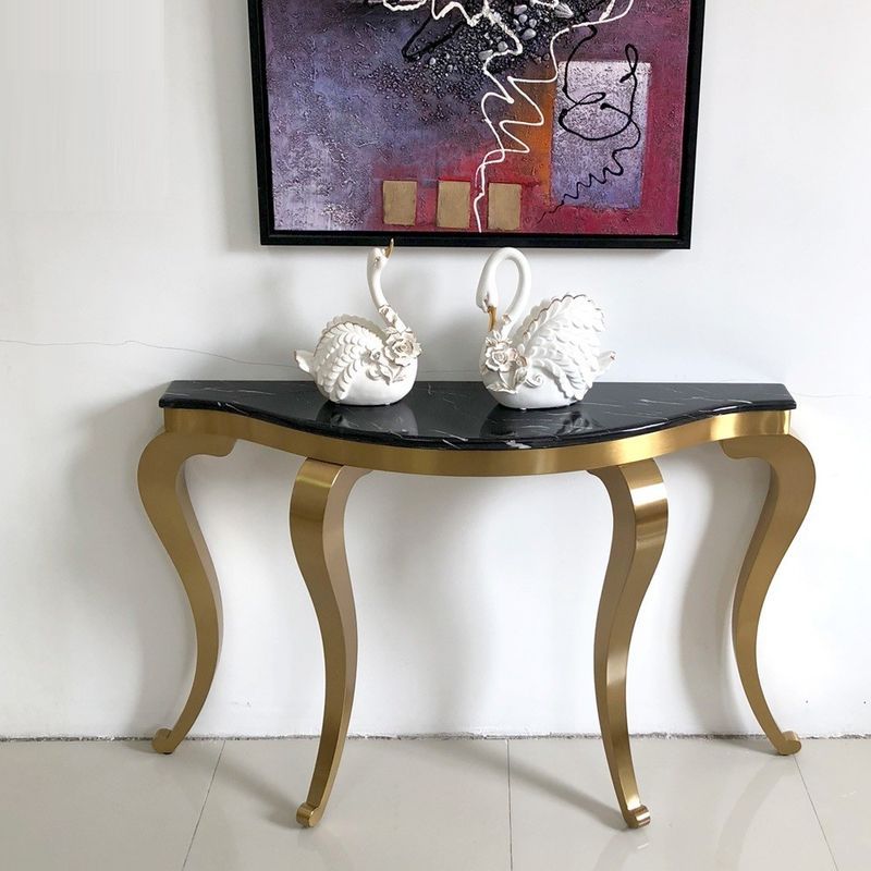 Unique Gold Stainless Steel Curved Frame Marble Top In Square Black And Brushed Gold Console Tables (View 19 of 20)