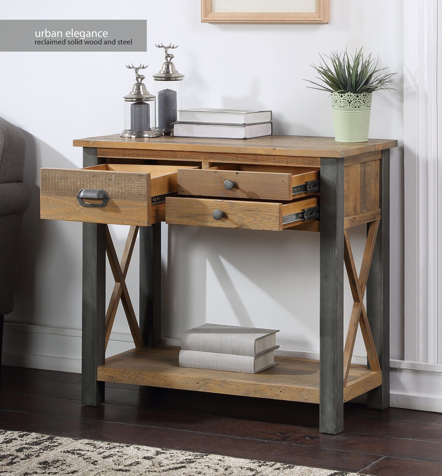 Urban Elegance – Reclaimed Small Console Table – Bargain Oak Throughout Reclaimed Wood Console Tables (Photo 3 of 20)