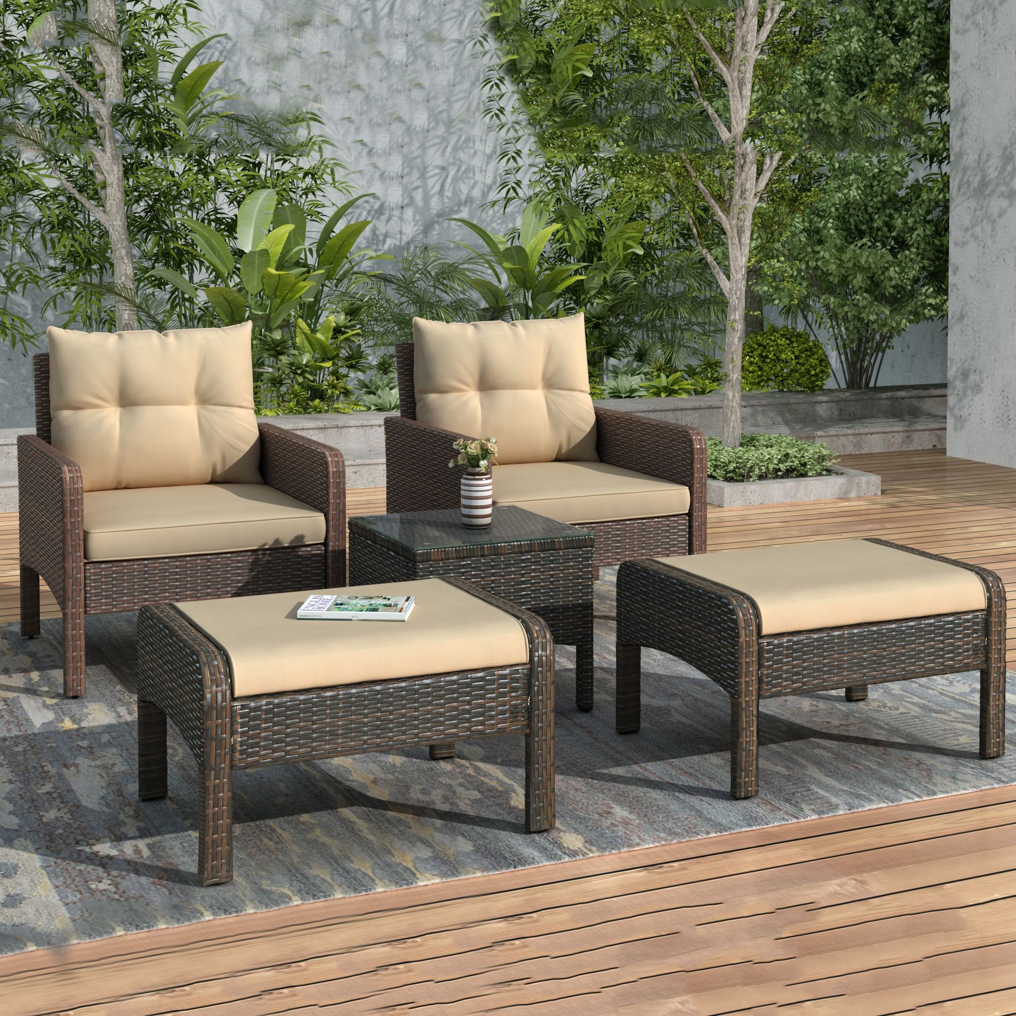 Urhomepro 5 Piece Patio Wicker Sofa Set, Outdoor Furniture Throughout 5 Piece Console Tables (View 5 of 20)