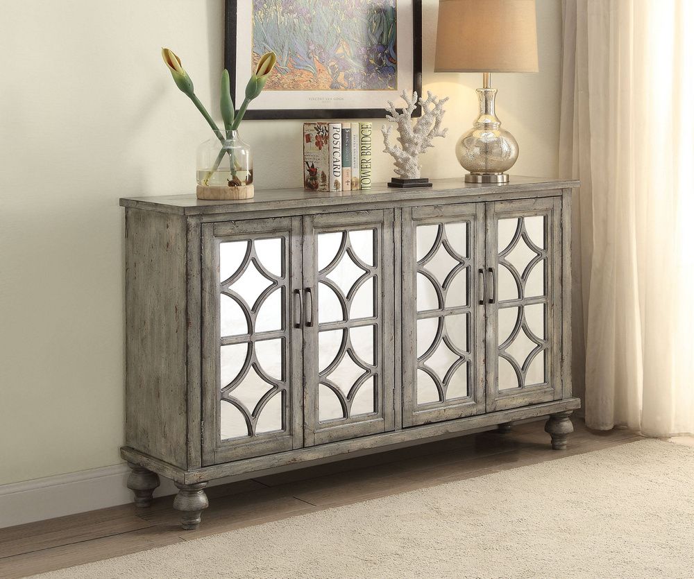 Velika Weathered Gray Wood Console Table With 4 Doorsacme In Gray Wood Black Steel Console Tables (Photo 9 of 20)