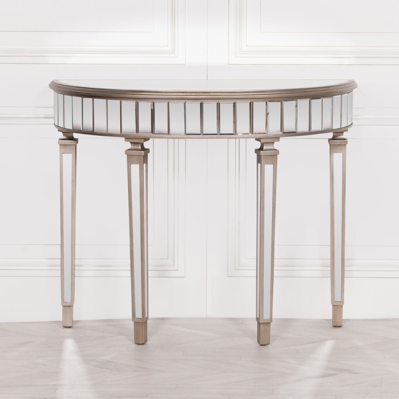 Venetian Hall Demilune Mirrored Silver Console Table In Silver Console Tables (View 8 of 20)